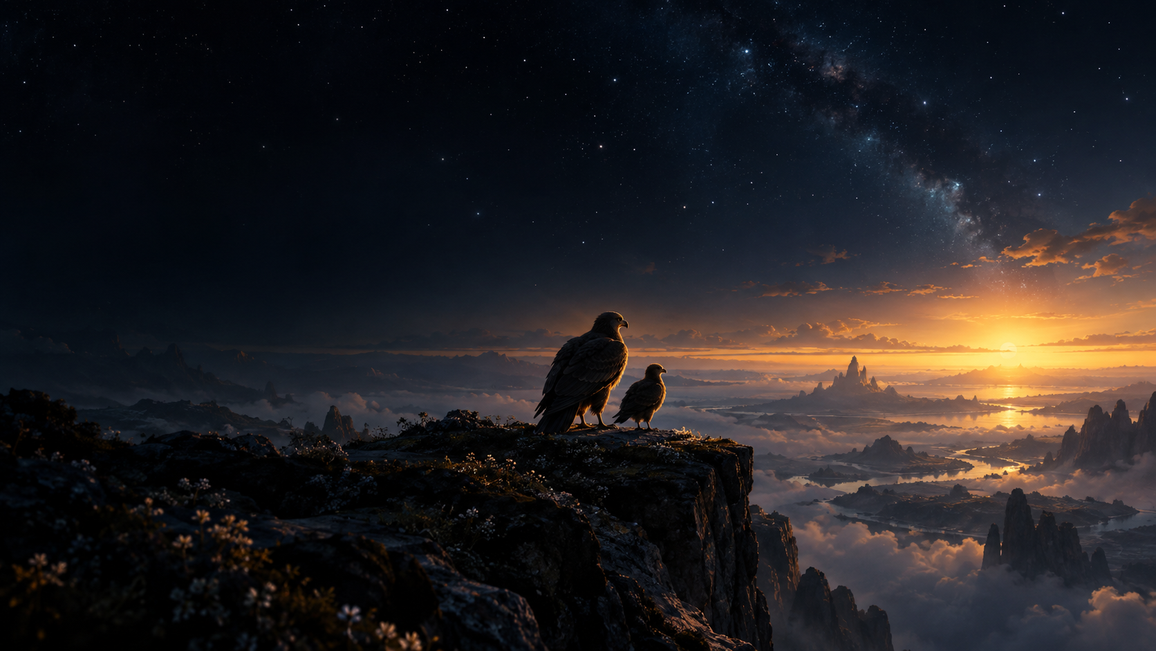 Two birds overlooking a vast golden horizon beneath a night sky